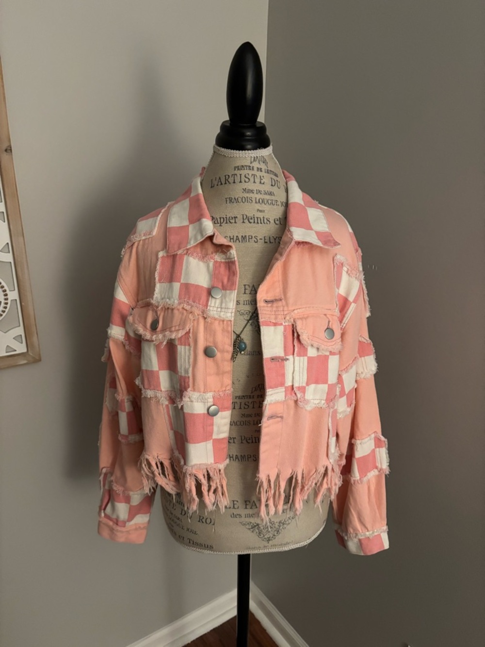 💗 EUC Pink Checker Fringe Denim Jacket